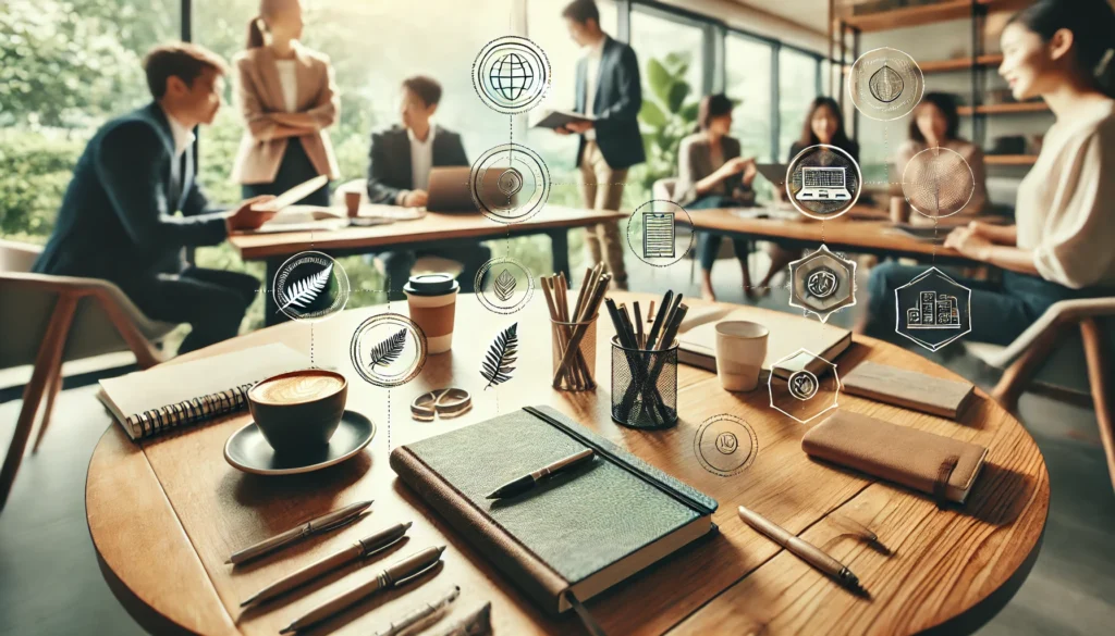 DALL·E 2024-10-15 22.41.17 - A professional yet welcoming meeting scene with people gathered around a table in discussion, featuring notebooks, pens, and coffee cups on the table